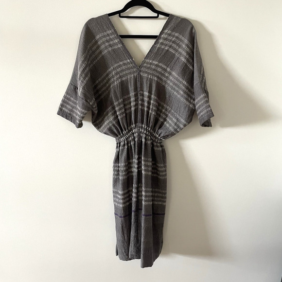 LemLem Gray Merino Wool Striped Dress Raw Hem Textured Knit Minimalist Natural M - Picture 3 of 13